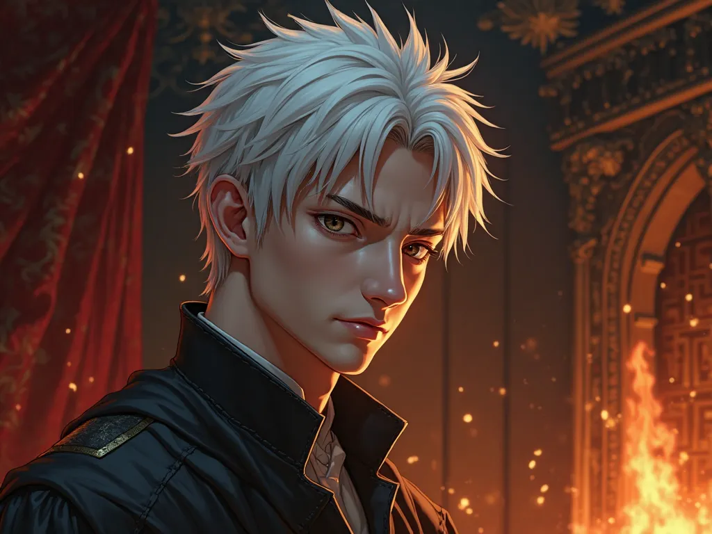 Realistic Prince's face short white hair in the burning kingdom room, realistic medieval anime style 