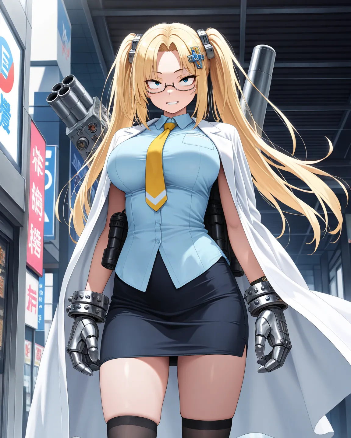 1girl, from front, light smile, clenched teeth, large breasts, blonde hair, straight hair, long hair, parted bangs, sanpaku, tsurime, yellow under-rim eyewear, twintails, doctor's white gown, light blue shirts under gown, no sleeves, black pencil skirt, ye...