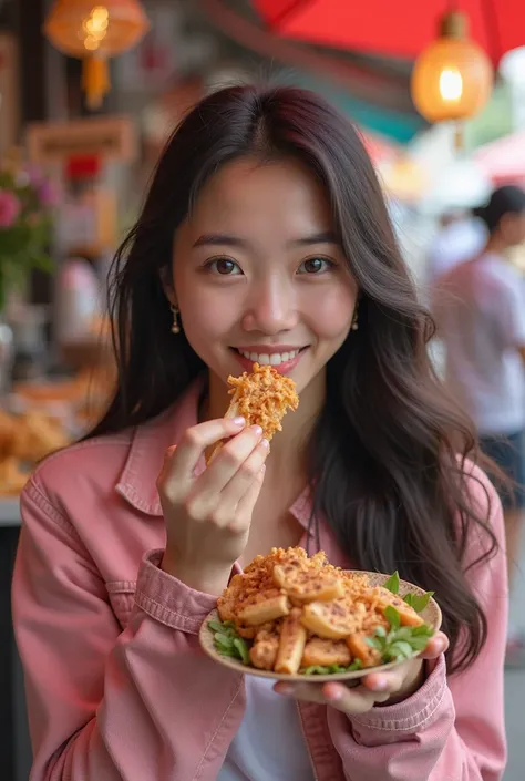 Charming Thai girl eating show food wearing pink denim jacket 