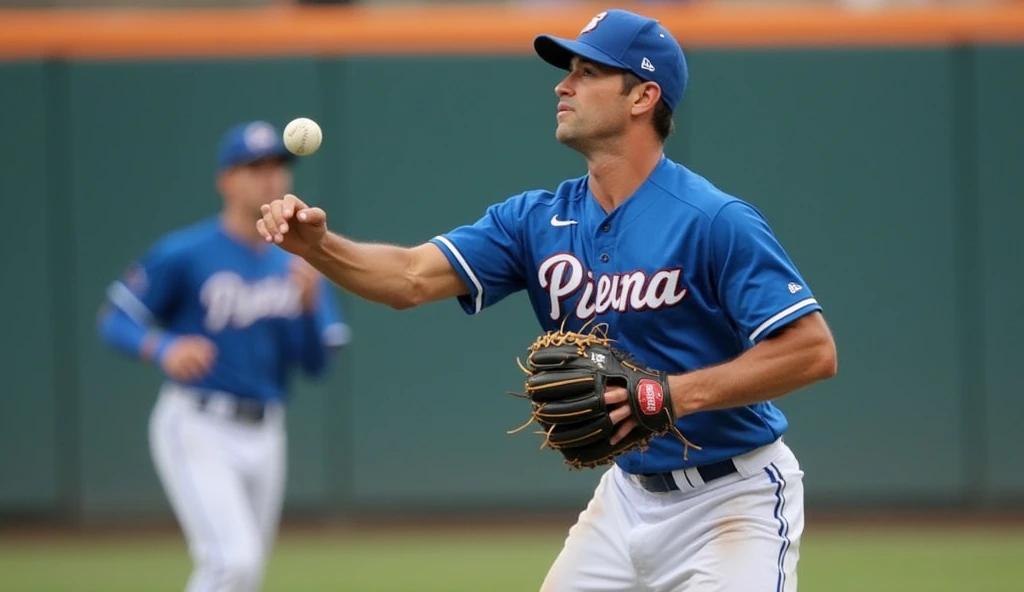 A baseball player in a blue uniform with a glove outstretched, catching a fast-flying baseball, focused expression, teammates practicing in the background on an indoor field.