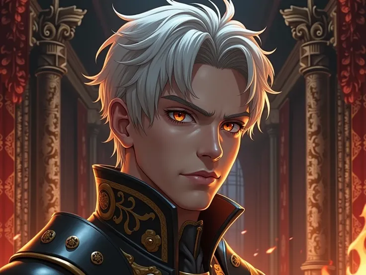 Realistic Prince's face short white hair in the burning kingdom room, realistic medieval anime style 