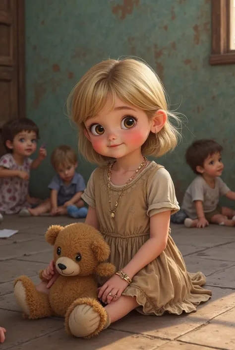 A three-year-old girl named Helena, with medium blonde hair and bright brown eyes, sits on the floor of a simple orphanage, playing alone with an old teddy bear. Its appearance conveys sweetness and innocence. Other ren play in the background, while she ho...