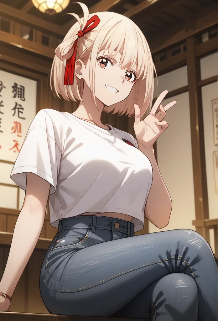 chisato nishikigi, short hair, bangs, blonde hair, red eyes, hair ribbon, one side up, bob cut, large breasts, (immatur face:1.2), denim pants, sitting, glamorous smile, from under, indoor, Japanese room, washitsu, (masterpiece, best quality, high resoluti...