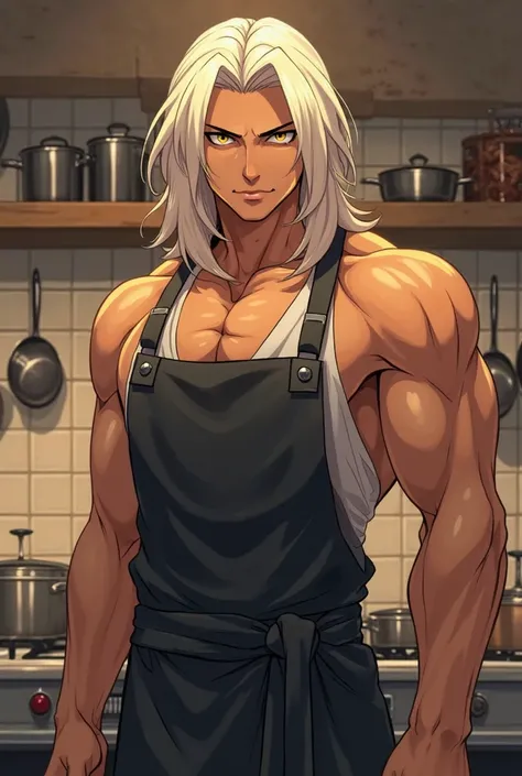 A 6'6 tall handsome Egyptian male anime character with dark skin, golden eyes, shoulder-length creamy vanilla-white hair, lean-muscular, standing in kitchen, wearing black apron