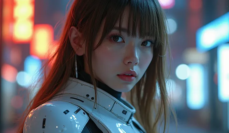 （((perfect facial features：1.4))）, Game of the rule of law, police girl in exoskeleton shiny cybernetic white black armor, extra sex appeal, Brown hair sparkling gold that changes with light, length bangs that block the view Lustrous, Smooth and straight h...