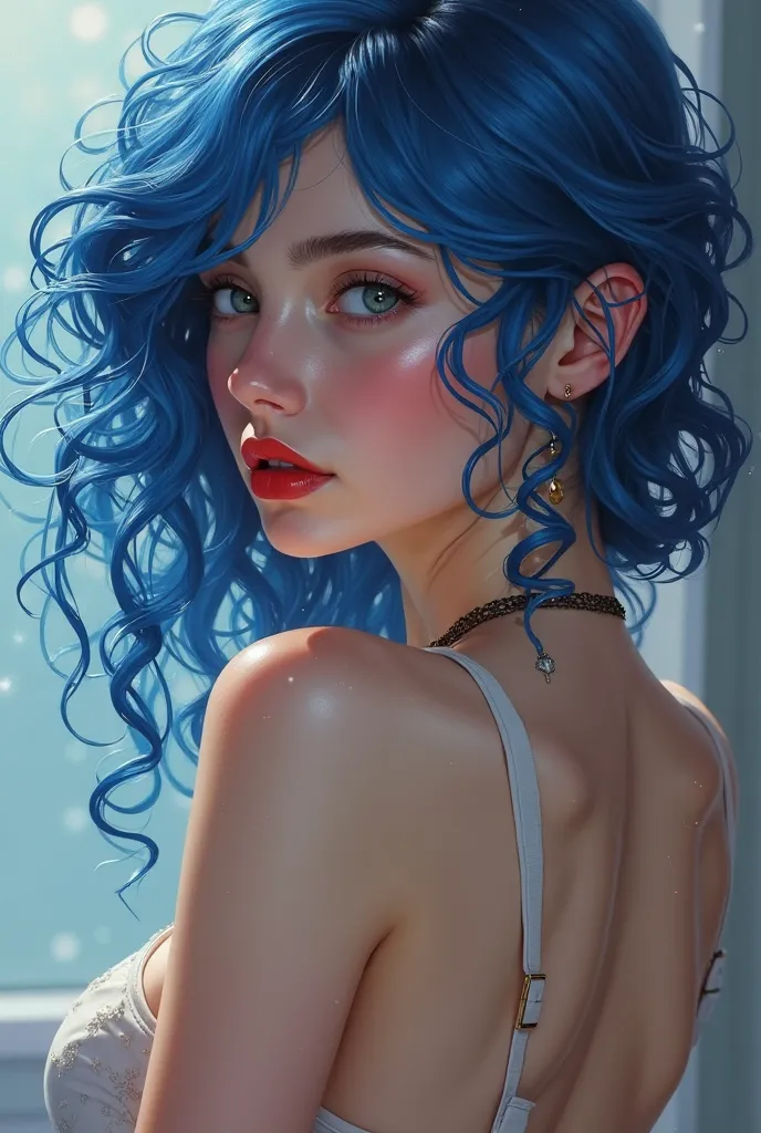 Beautiful girl with blue hair with bare breasts with curls with a beautiful booty in haircuts back view looks forward with red lipstick