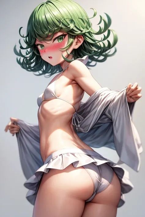 Tatsumaki, looking at me, blushing, sexy white bikini with white skirt, small breasts, looking back