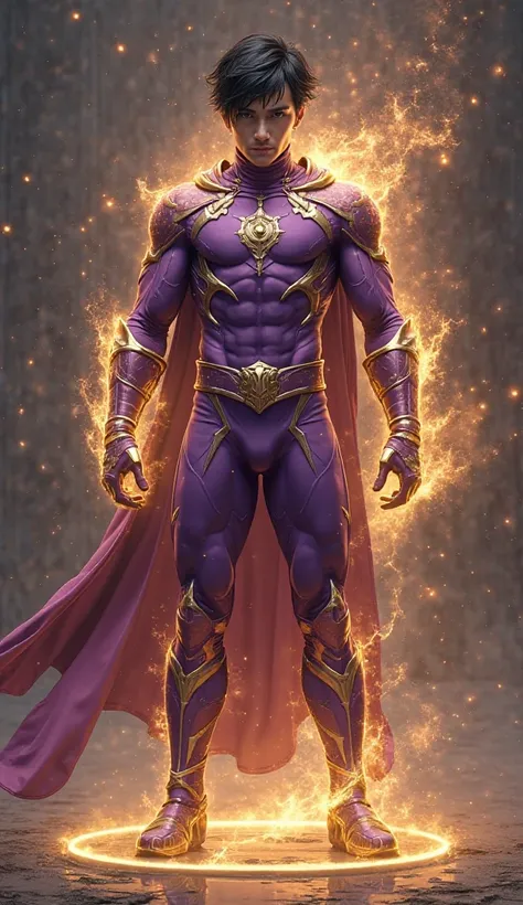 Full body photorealistic handsome hunky young slender futuristic male hero Sagi with black messy hair wearing a purple costume, with gold trimming details. With stylized gold zodiac Sagittarius symbol on the chest and stylized eye mask and wristbands that ...