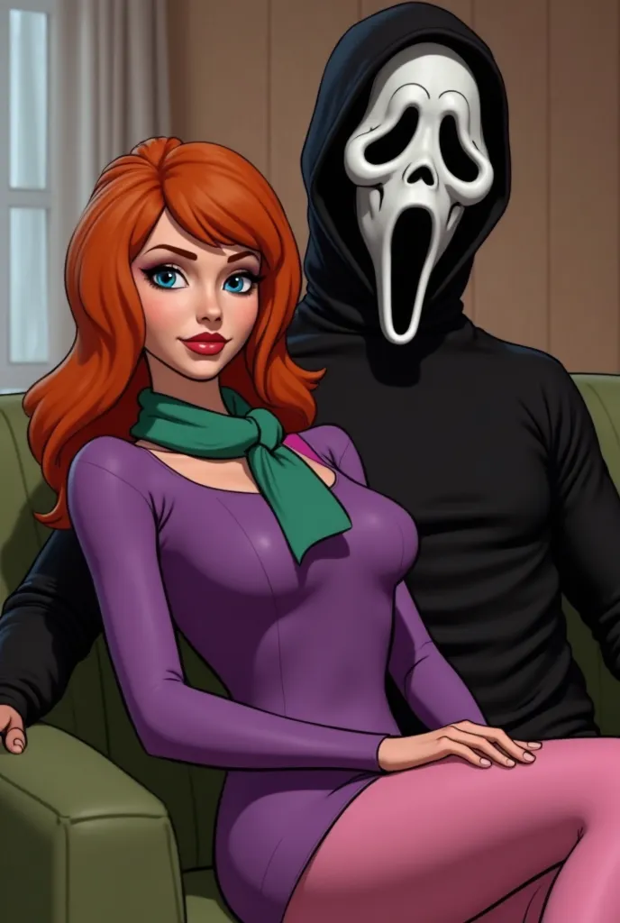 Daphne Blake from the movie Scooby Doo wears a purple mini-dress, pink pantyhose, purple shoes, and a green scarf light red hair sitting on couch with Ghostface from the horror movie scream amazing detail realistic 3D character style extremely detailed hig...