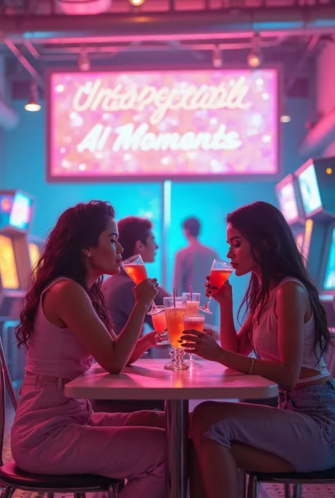 "A group of stylish youths sipping Grand Royal alcoholic  drinks in a retro-futuristic lounge, surrounded by glowing arcade machines and AI-controlled robo-bartenders. The scene mixes pastel pinks and blues with chrome accents, evoking a nostalgic yet forw...