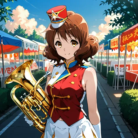 (masterpiece, best quality,amazing quality:1.2),(fullbody focus:1.2),(1 beautiful woman:1.5),Oumae Kumiko,sunfes,band uniform,mini shako cap,sleeveless,outdoor,I'm playing euphonium, happy expression