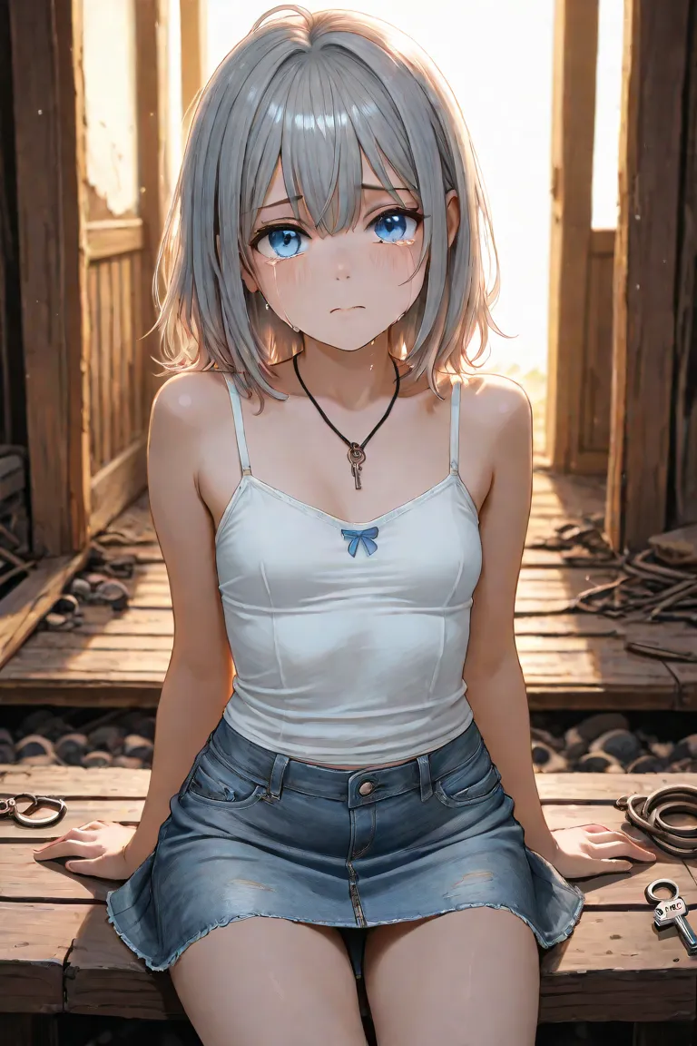 gray hair、medium hair、 blue eyes、Abandoned house、white camisole、denim miniskirt、crying、Small Boobs、Group、fat man、having sex、 back