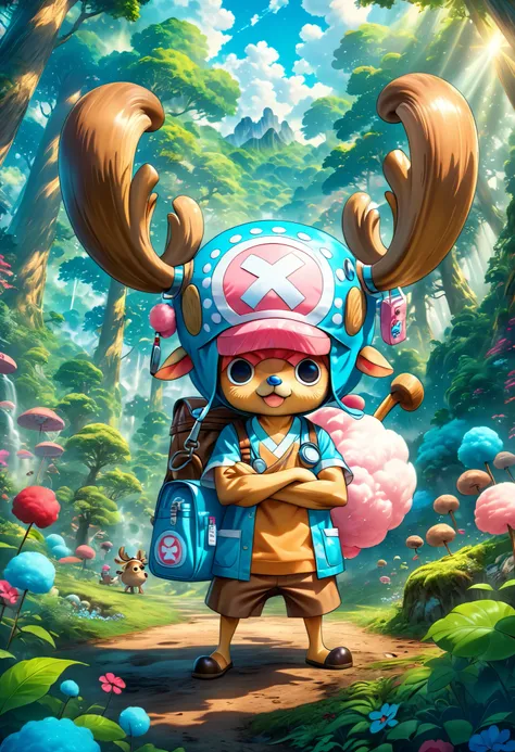 Tony Tony Chopper, epic, HD wallpaperTony Tony Chopper, cute anime reindeer doctor, standing heroically, determined expression, big round eyes, small antlers, cotton candy blue fur, medical bag, surrounded by lush fantasy forest landscape, sunlight shafts,...