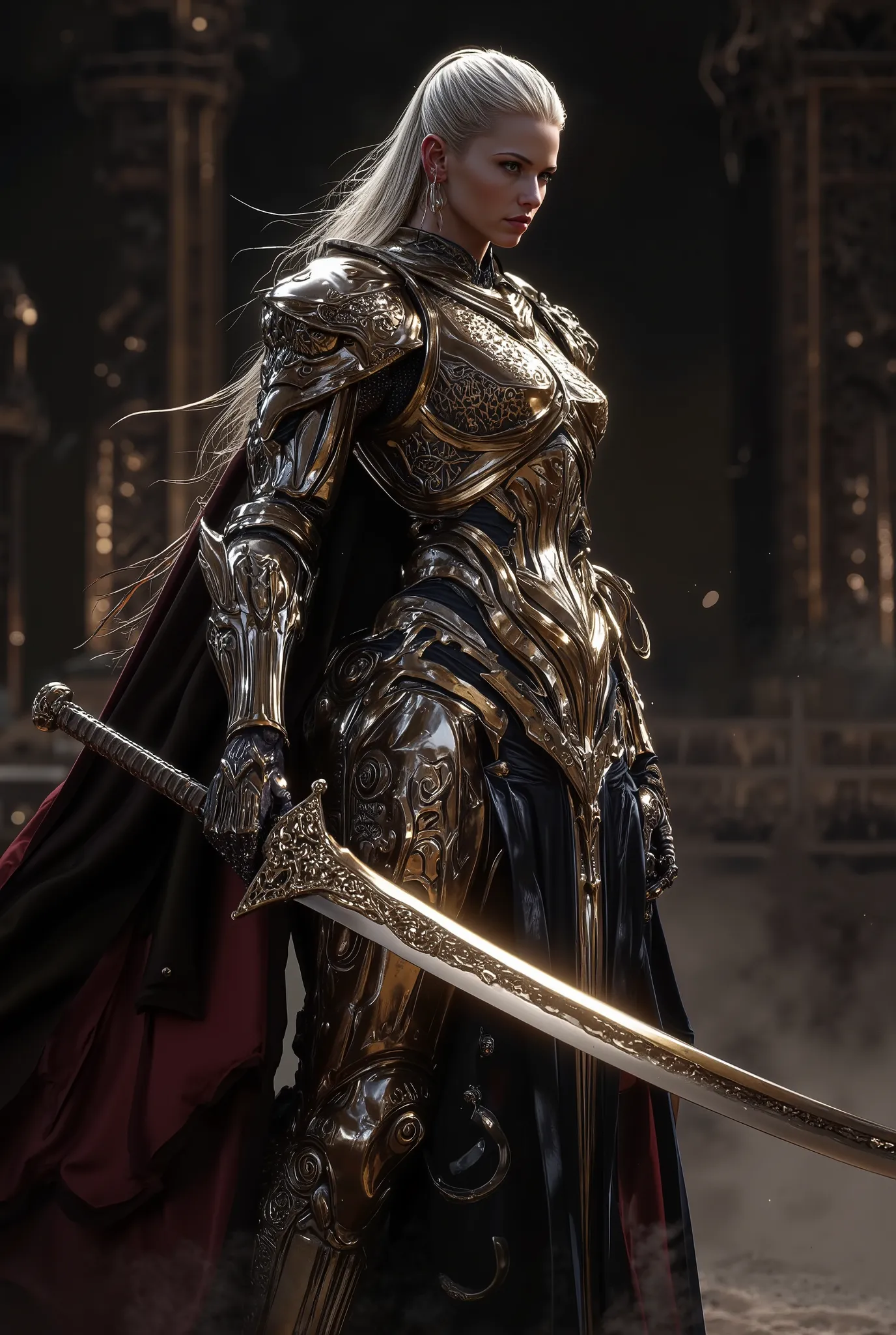 a fantasy female knight with good breast and dress, high contrast closeup