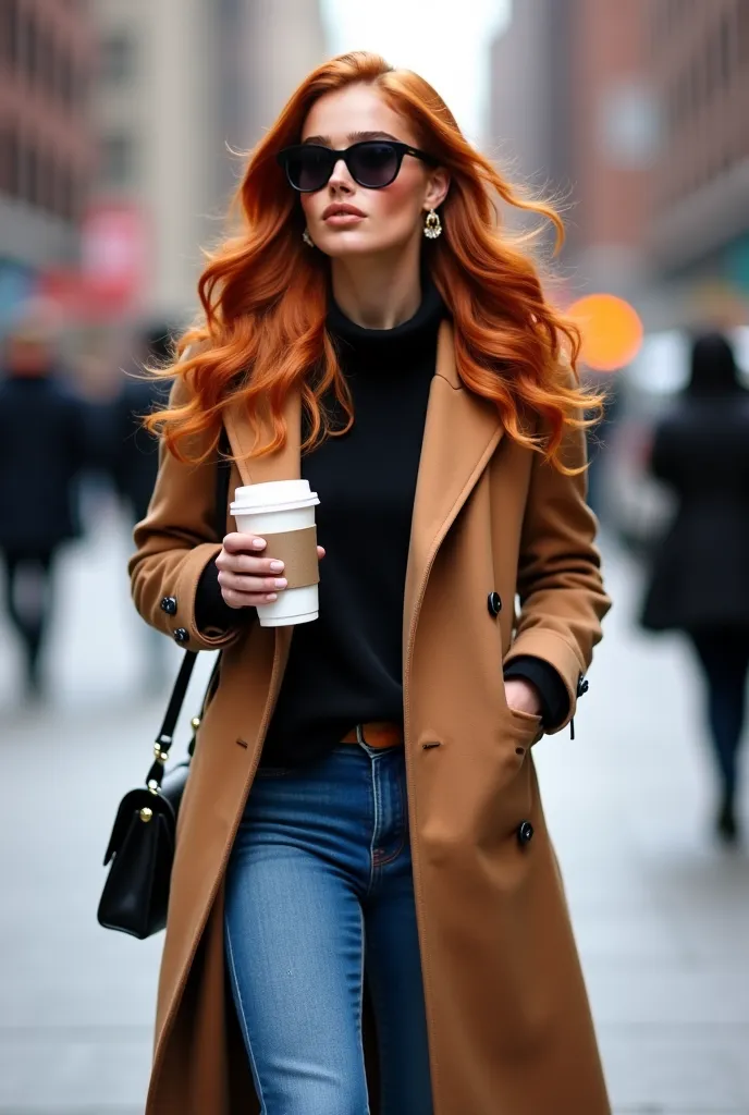  Vogue lifestyle, Woman with abundant long copper hair Curly , hourglass body a little voluptuous, golden earrings,  Wear a long brown winter coat tied, wide-boot jeans, brown boots, black sunglasses,  A black bag , He's walking down a street in New York, ...