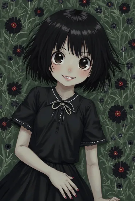 A girl with short black hair somewhat rebellious, with a cold and unaffectionate look, that she has pale skin and is wearing a black dress with leather shoes with white ribbons. And that she is lying in a field of black flowers and she is holding one in he...