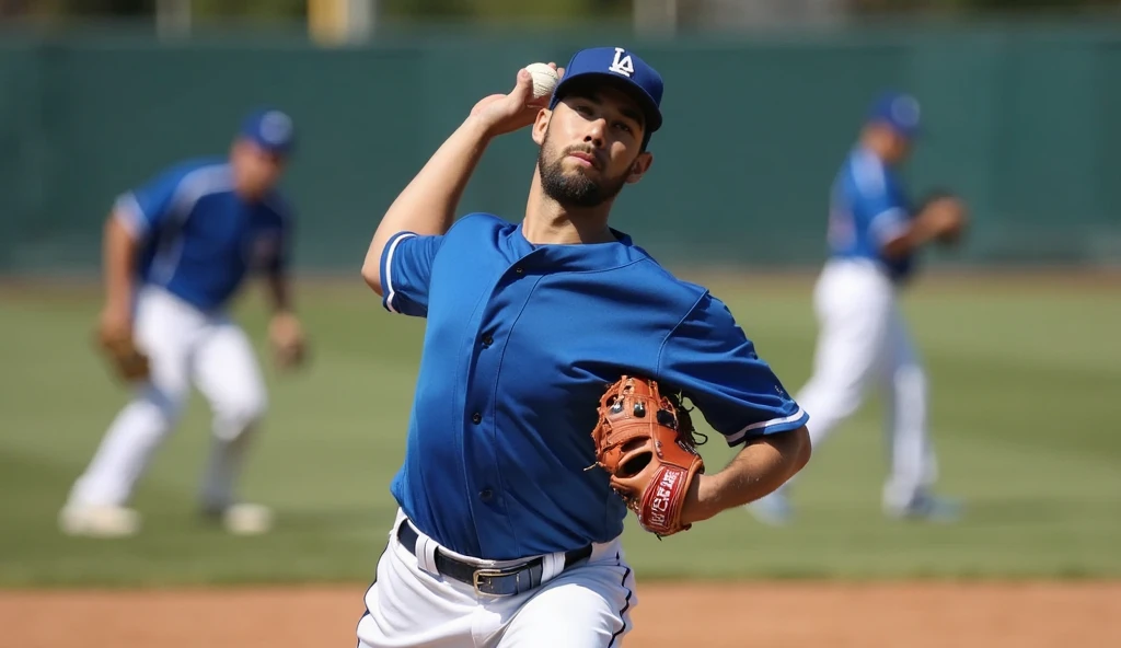 A baseball player in a blue uniform gripping a baseball tightly, preparing to throw it with full force, focused expression, motion blur showing the speed of the throw, teammates practicing in the background.