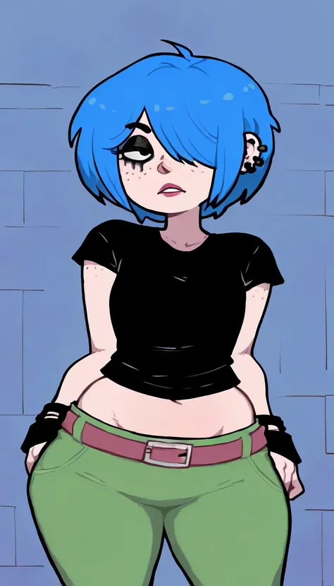 masterpiece, best quality, absurdres, very aesthetic, 1girl, solo, MarieK, short blue hair, ear piercing, hair over one eye, freckles, black eyes, makeup, standing, green pants, black shirt, black wristbands, midriff, belt, sexy,  posing,