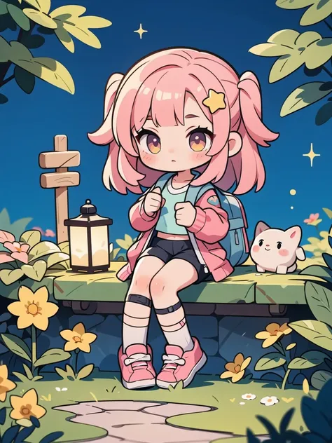 masterpiece, Highest quality, 8k,  cinematic lights , Ultra High Definition,  chibi, 1 girl, bag, backpack, Alone, multicolor hair,  shorts, star \, (  symbol \),  Lantern, Food,  sitting, pink hair, star hair ornaments close to the garden, headrest,  sock...