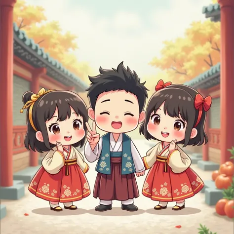 Three cute chibi characters wearing hanbok korea outfits—two females and one male. The character in the middle is making a peace sign while greeting