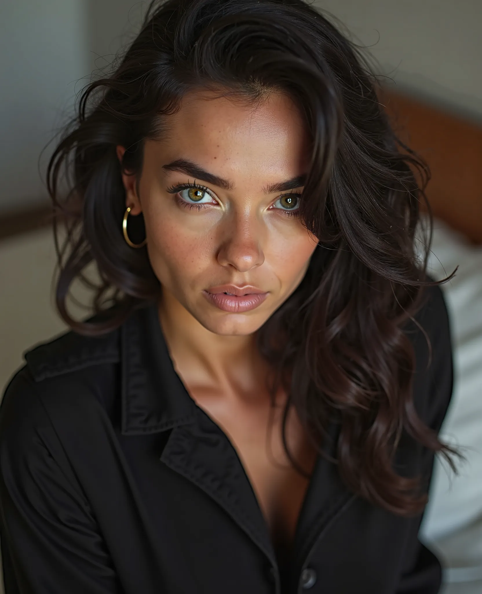 Une femme Arafed avec des vêtements noirs,  fille sexy aux yeux bruns , Portrait de Sophie Mudd, cheveux noirs et grands yeux, selfie d'une jeune femme, yeux de chambre à coucher, Violette Myers, sans maquillage, maquillage naturel, regardant directement l...