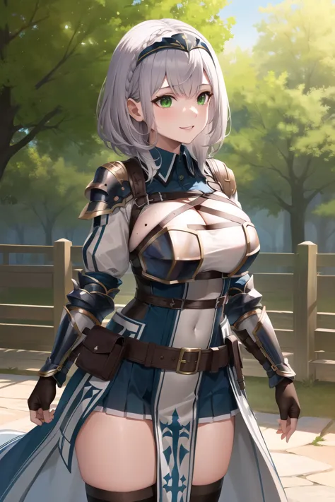 masterpiece, best quality, highres, aanoel, medium hair, green eyes, hairband, blue collar, shoulder armor, cleavage, mole on breast, armored dress, chest belt, gold trim, fingerless gloves, black gloves, brown belt, pouch, pelvic curtain, black thighhighs...