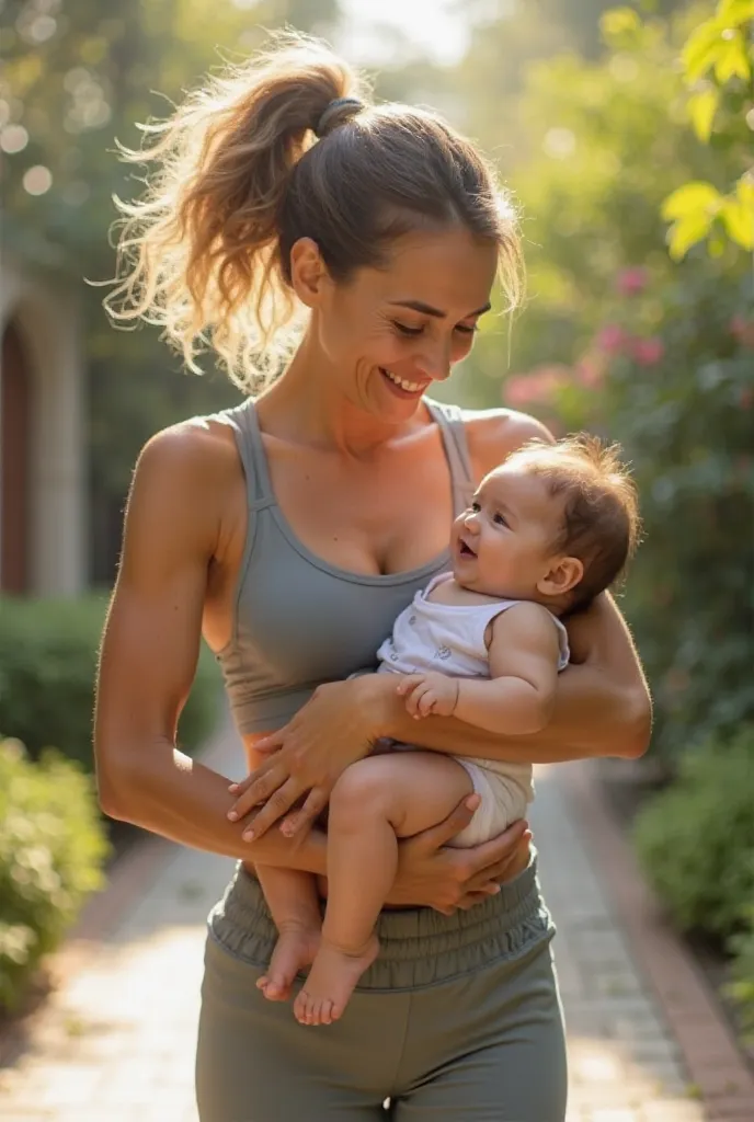 Woman doing physical exercise with her baby 