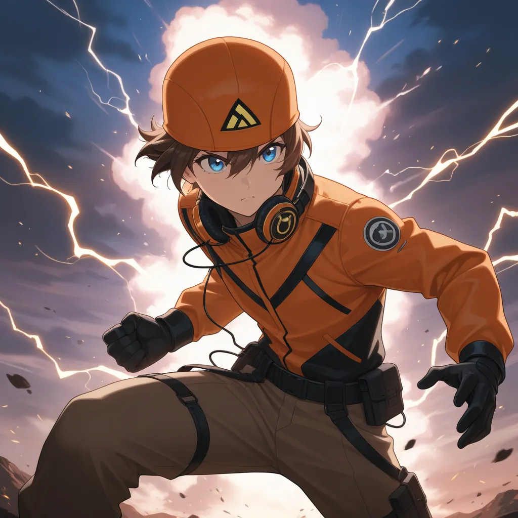 masterpiece, best quality, ultra-detailed, anime-style, high resolution, BoBoiBoy, young boy with short brown hair, wearing an orange cap with a lightning symbol, bright blue eyes, confident and determined expression, dynamic pose, orange and black jacket ...