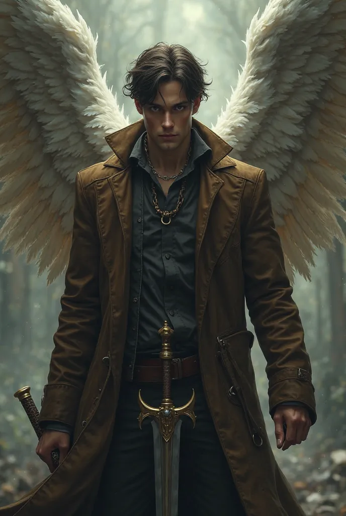 Short black hair brown eyes dressed in a brown supernatural detective coat white wings with a sword a man