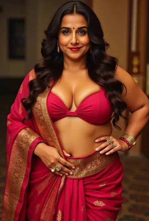 vidya balan , a 45 year old chubby indian woman, wearing a bikini bra and saree