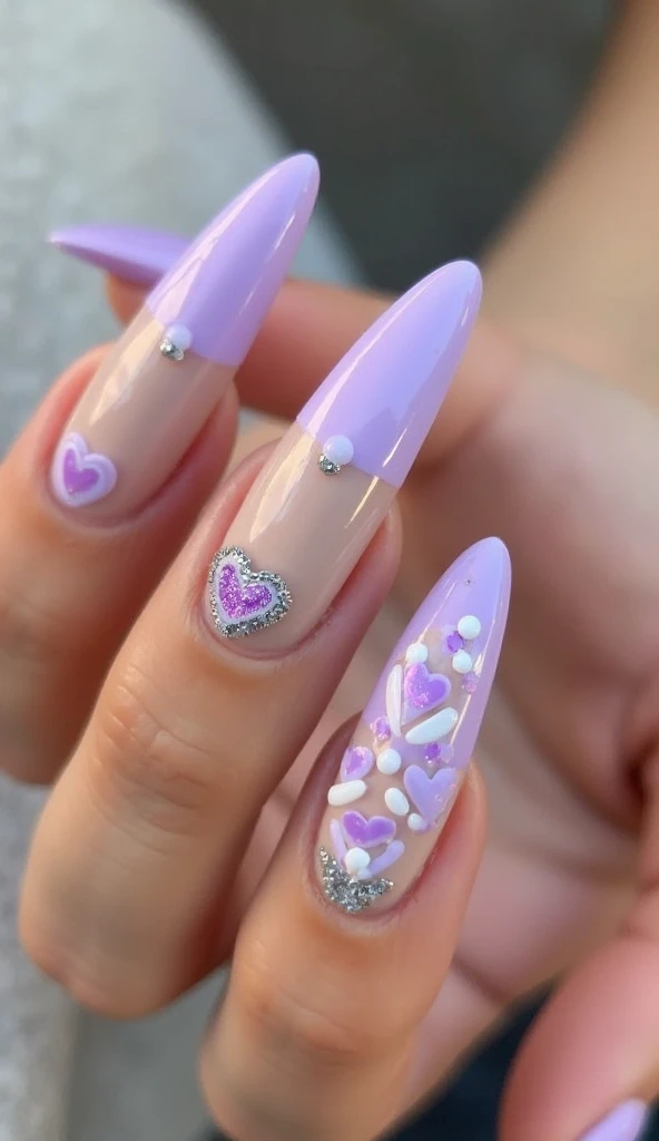 Long almond-shaped nail design with a shiny finish. Some nails are painted in a solid pastel lilac shade, while others have a nude base with tips decorated with concentric hearts in shades of purple, white and lilac. Small glitter details and white dots ad...