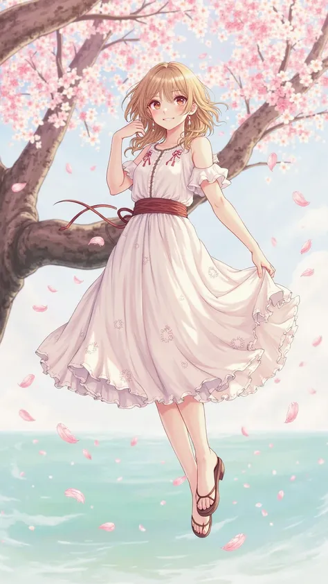 art by Cornflower, dreamer, cherry blossoms_blossoms, Drop_ petals,  petals, branch, Rosa_flower, 1 girl,20 years, green_null, spring_(seasand),  petals_and_liquid, flower, Cherry Blossom Viewing,  dress, (Landg blandd curly hair：1.5),Wearing a wreandh,nul...