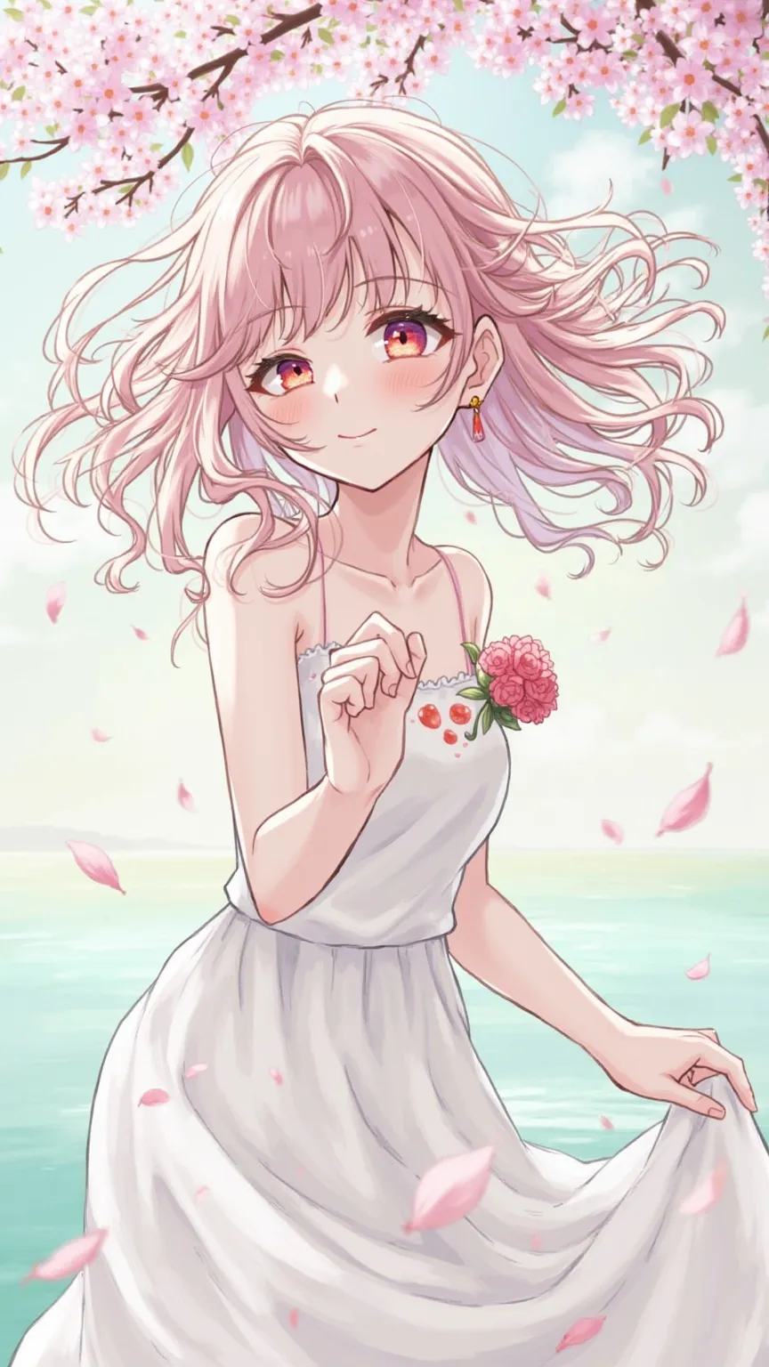 art by Cornflower, dreamer, cherry blossoms_blossoms, Drop_ petals,  petals, branch, Rosa_flower, 1 girl,20 years, green_null, spring_(seasand),  petals_and_liquid, flower, Cherry Blossom Viewing,  dress, (Landg blandd curly hair：1.5),Wearing a wreandh,nul...