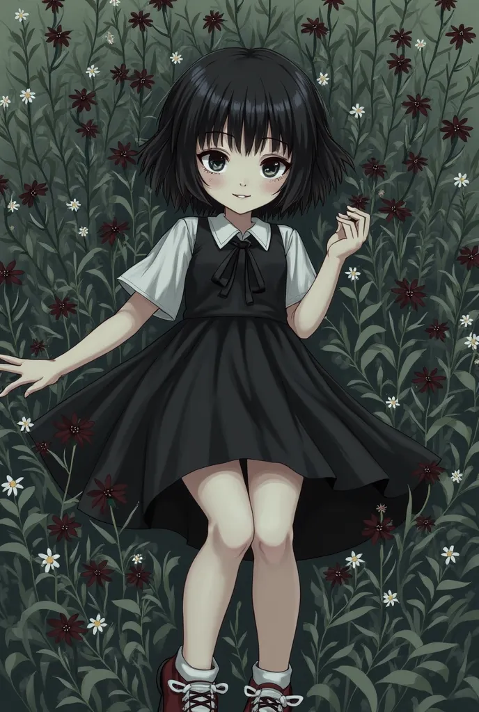 A girl with short black hair somewhat rebellious, with a cold and unaffectionate look, that she has pale skin and is wearing a black dress with leather shoes with white ribbons. And that she is lying in a field of black flowers and she is holding one in he...