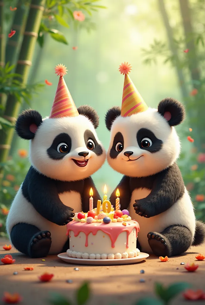 Of two panda bears with a birthday cake 