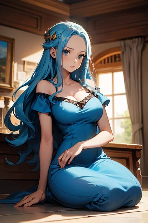 A woman in a blue dress sitting on a stone floor., anime goddess , ((a beautiful fantasy empress)), extremely detailed  Germ of Art,  beautiful and captivating anime-style woman, Beautiful Goddess, a beautiful fantasy empress, like  Germ of Art,  portrait ...