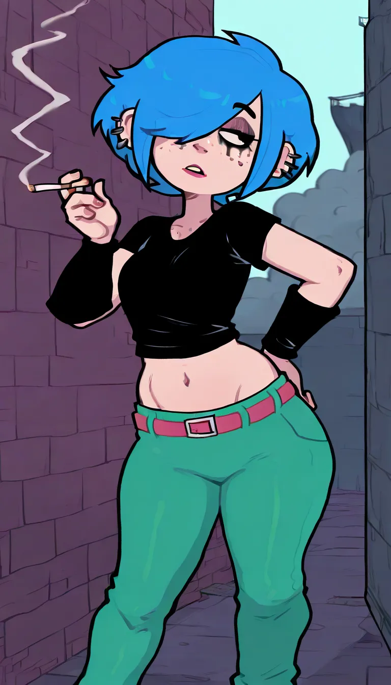 masterpiece, best quality, absurdres, very aesthetic, 1girl, solo, MarieK, short blue hair, ear piercing, hair over one eye, freckles, black eyes, makeup, standing, green pants, black shirt, black wristbands, midriff, belt, sexy,  posing, dark alley, smoke...