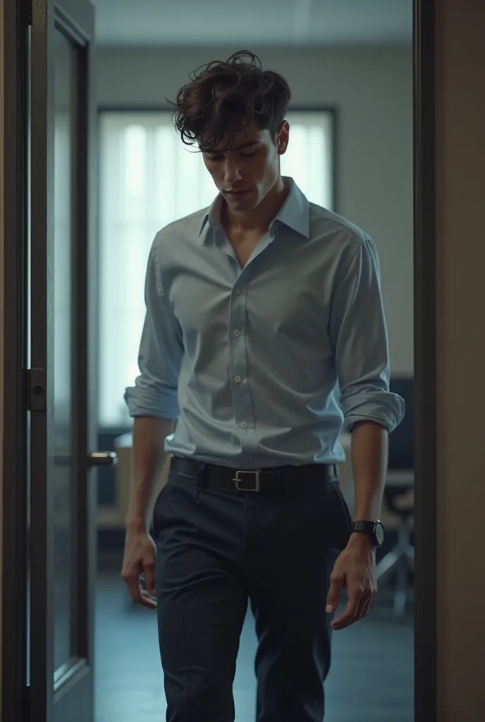 A young coming out of his boss cabin at office sadly wearing a shirt tucked and pant 