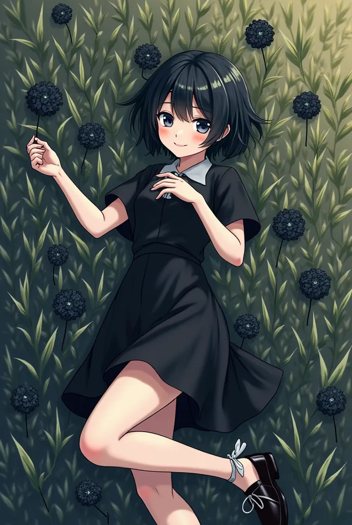 A girl with short black hair somewhat rebellious, with a cold and unaffectionate look, that she has pale skin and is wearing a black dress with leather shoes with white ribbons. And that she is lying in a field of black flowers and she is holding one in he...