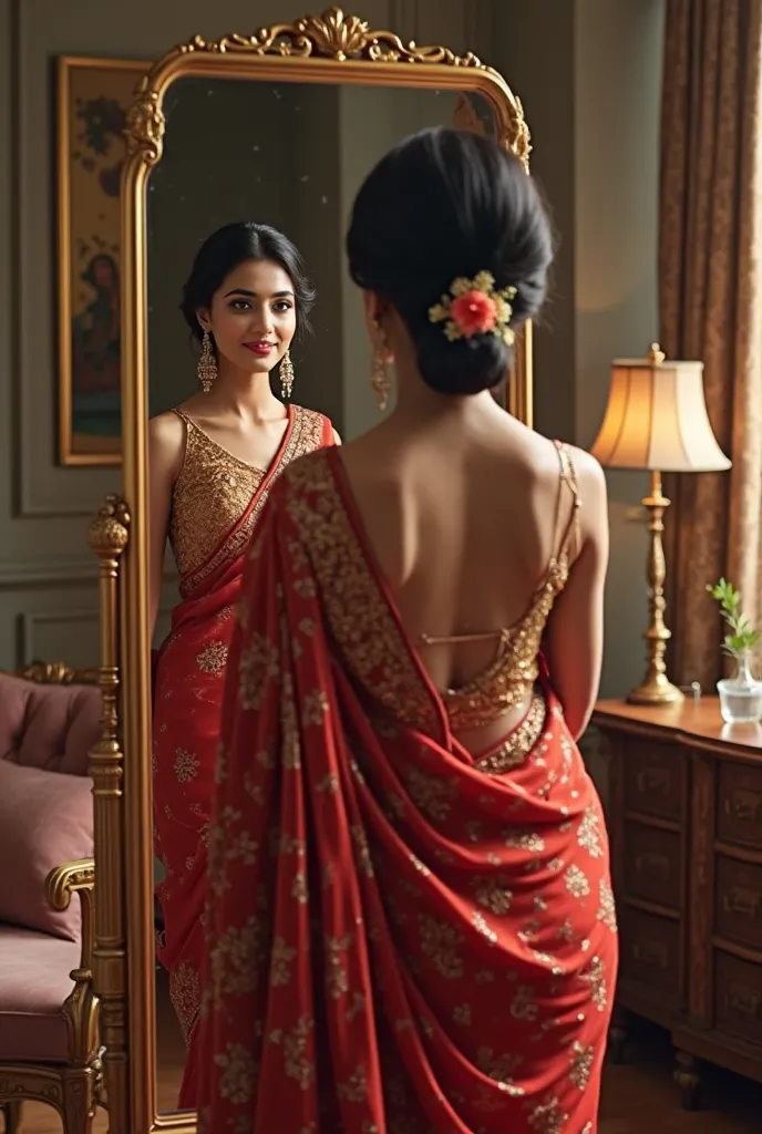 Nirmala stands in front of a full-length mirror, her beauty radiant as she admires herself in a rich red saree with intricate golden zari work. The saree hugs her figure perfectly, the fabric shimmering in the soft light. Her dark hair is styled in an elab...