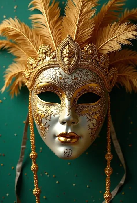 Create me a golden carnival mask with few feathers and an easy-to-remove green background