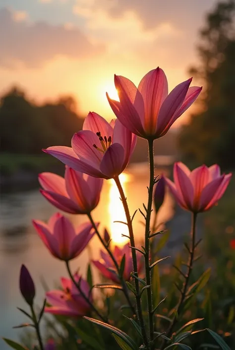 there are many pink flowers that are growing near a river, a picture by Arthur Pan, pexels, romanticism, floral sunset, lily flowers. 8 k, warm beautiful scene, beautiful nature, lilies, lily flowers, stunning nature in background, beautiful wallpaper, rea...