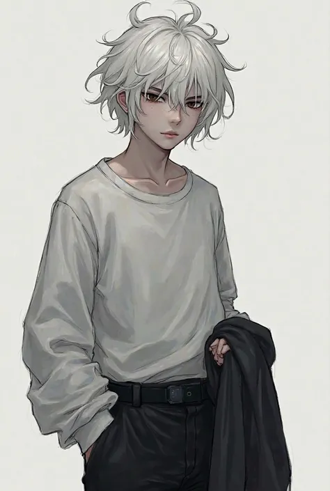 I want an image of an adult, you have to have black lenses on top of his hair, a little messy hair, that this serious way that he has a sweater hanging in the back, that he has his hand put in a sweater backwards and that he is serious, that the boy with w...