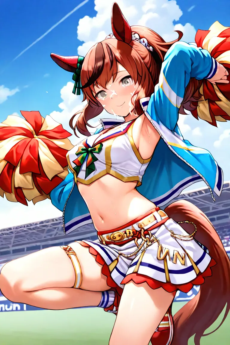 Nice_nature_(Uma Musume),Nice nature \(Uma Musume\), Nice nature, Uma Musume, 1 girl, horse tail, horse girl , Alone, official replacement costume, cheerleader, execution&win, ponytail,  Long Sleeve, crop top, white shirt, sailor color, midriff, belly butt...