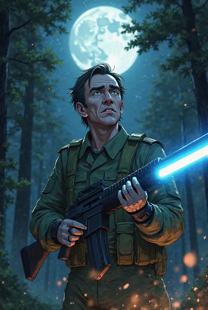 In a dark moonlit forest, a 50-year-old soldier in green uniform appears with an expression of terror. You can clearly see his rifle split in two, with sparks and flashes of energy, while a blue lightsaber, held by an arm with futuristic armor, Perform the...