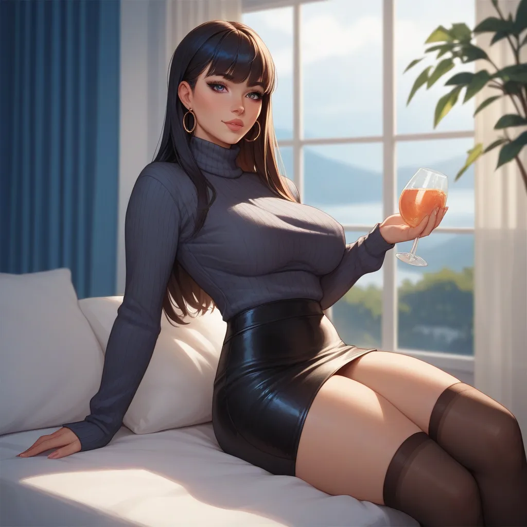 a sexy futanari and beautiful, has a beautiful face, has perfect breasts, has a big dick, hairstyle is bob in the front and long straight in the back, with straight bangs adding to the cuteness, hair is black. wearing a tight black turtle neck sweater, and...