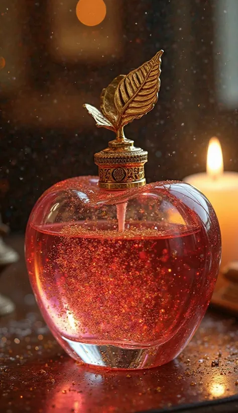 A magical perfume bottle inspired by Snow White, shaped like a crystalline apple with a gold stem and leaf as the cap. Inside, the perfume glows with an iridescent red hue. A fine mist of golden particles swirls within the bottle, and the background featur...