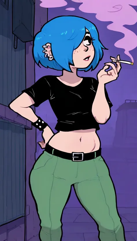 masterpiece, best quality, absurdres, very aesthetic, 1girl, solo, MarieK, short blue hair, ear piercing, hair over one eye, freckles, black eyes, makeup, standing, green pants, black shirt, black wristbands, midriff, belt, sexy,  posing, dark alley, smoke...