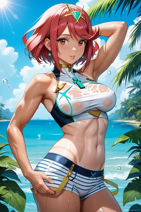 tanlines, short over long sleeves, striped clothes, wet, sweat, pyra (xenoblade),