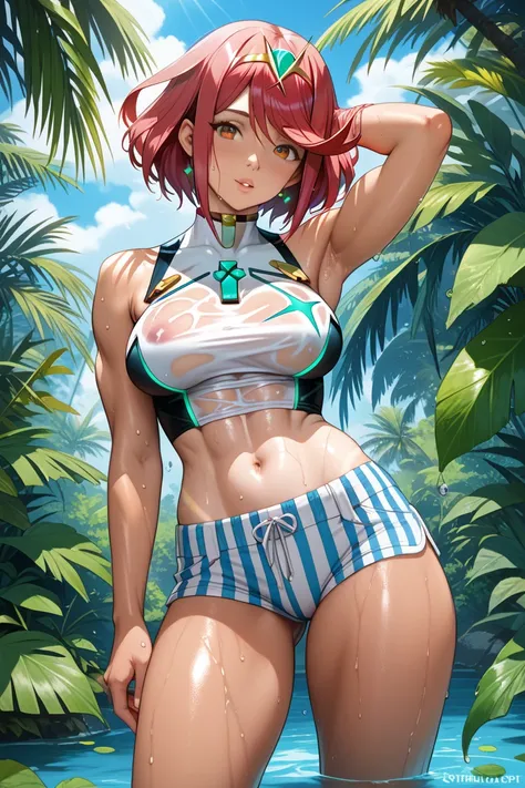 tanlines, short over long sleeves, striped clothes, wet, sweat, pyra (xenoblade),